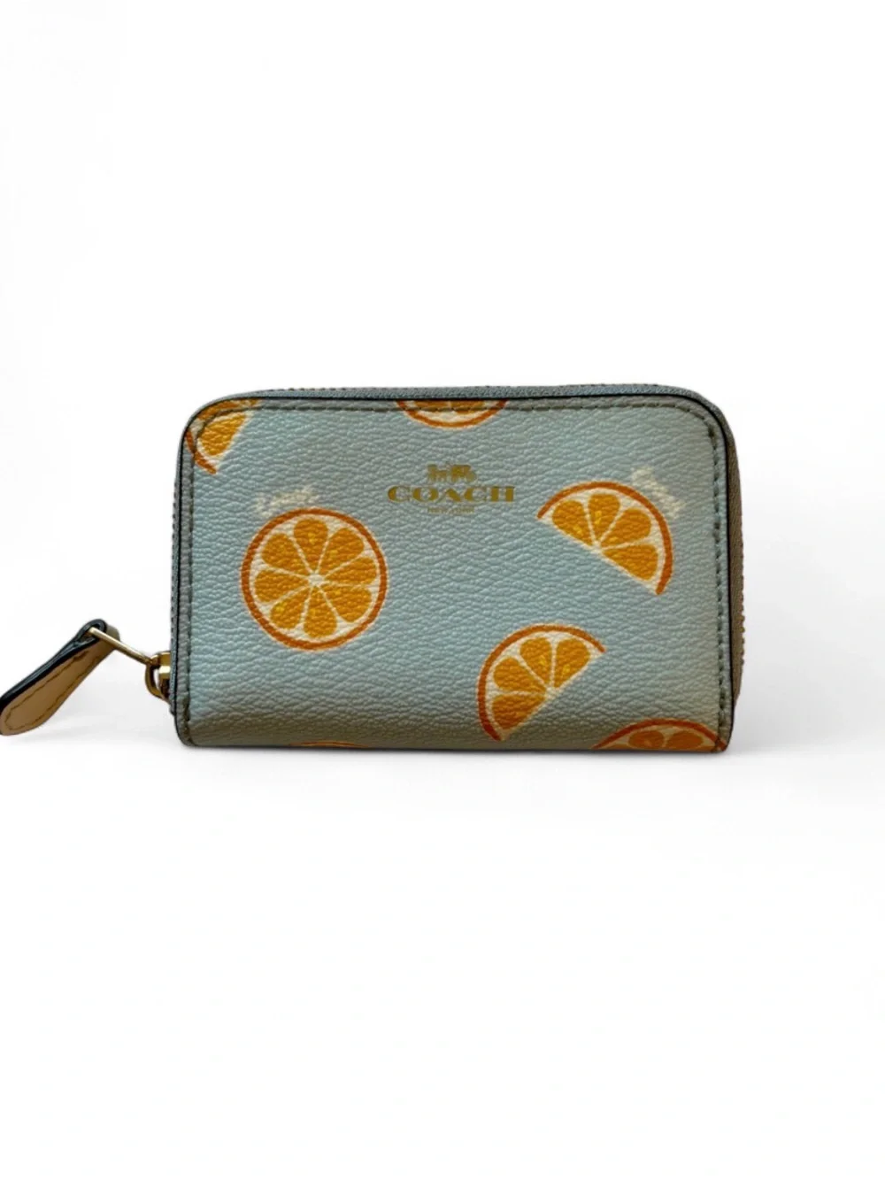 Coach Women's Light Blue Orange Slice Print Zip Card Case/Wallet